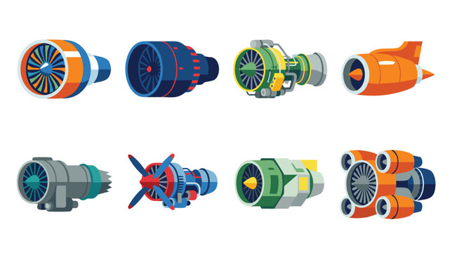 Colorful Cartoon Jet Engines and Turbine Set Illustration