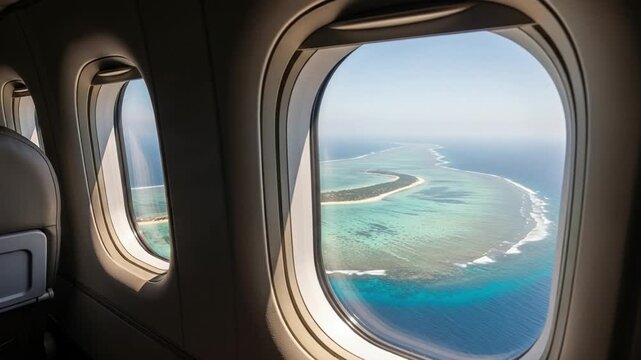Aerial View of Tropical Atoll Island from Airplane Window Seat During Flight Over Ocean