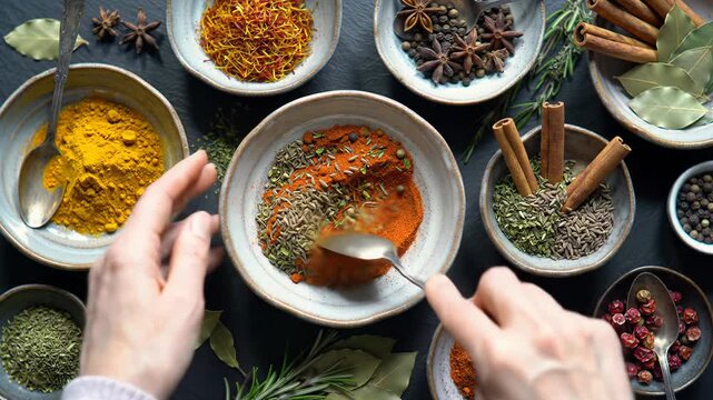 Overhead video of neutral hands meticulously arranging vibrant spices, herbs, and red berries on a dark slate with ceramic bowls. Macro close-ups under soft light, natural ingredients for healthy
