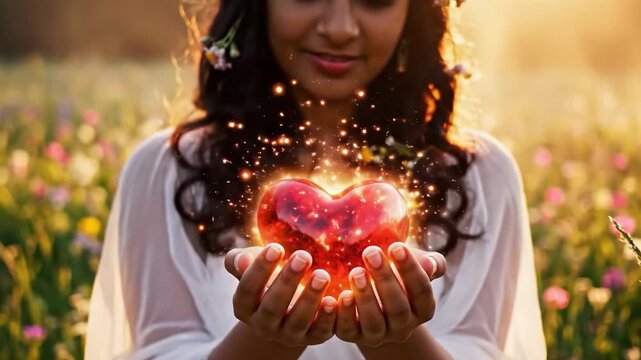 Young woman holding a glowing heart in her hands, surrounded by a field of flowers at sunset, symbolizing love and hope.