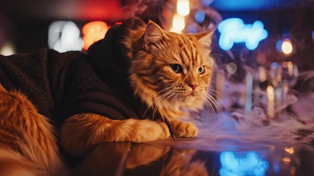 Cinematic ultra realistic close up video of a cute fluffy ginger cat wearing an oversized dark hoodie sitting calmly in front of a modern luxury bar table relaxed urban nightlife atmosphere static cam