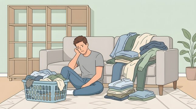 Feeling Overwhelmed by Laundry: A man sits dejectedly on the floor surrounded by piles of unfolded laundry, a laundry basket overflowing nearby, in a living room setting.