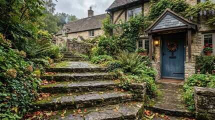 Fototapeta premium Charming English Countryside Cottage with Stone Steps and Overgrown Garden