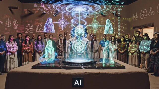 Elder shaman invokes spirits with glowing holograms in sacred room