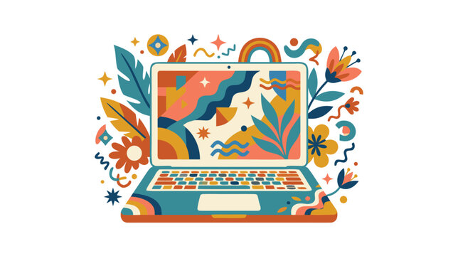 Colorful and Creative Laptop Illustration with Floral and Abstract Doodles.
