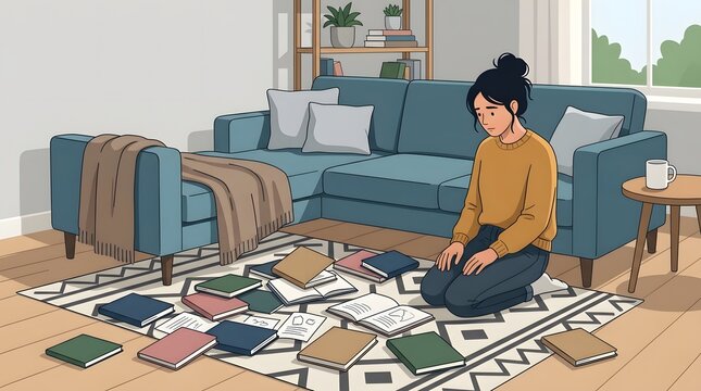 A moment of contemplation amidst scattered pages: A solitary woman kneels on a patterned rug, surrounded by an array of open books, lost in thought within a cozy living room setting.