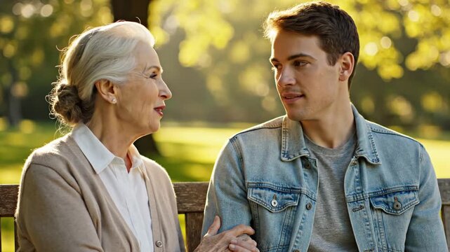 Elderly woman advises young man on park bench outdoors