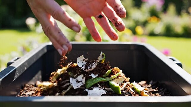 Hands adding organic kitchen waste to outdoor compost bin