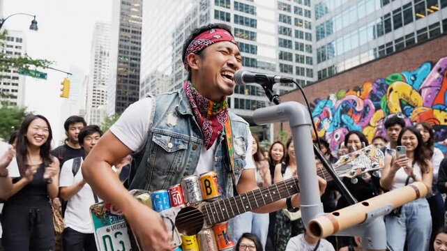 Happy street performer entertains crowd with recycled guitar