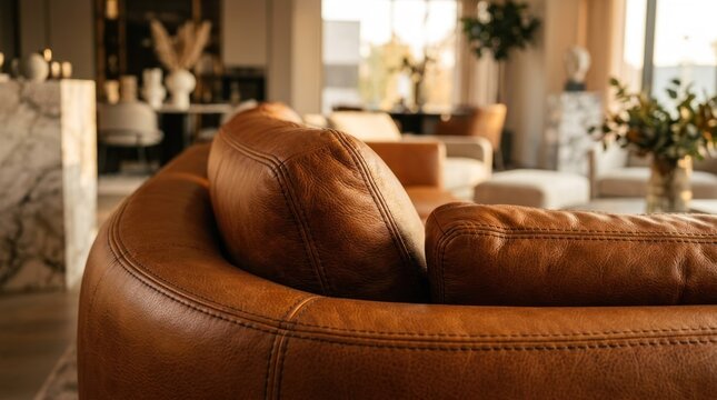 Luxurious Brown Leather Sofa in a Modern Living Room Setting.