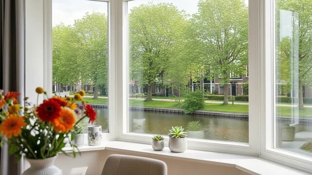 Cozy Dining Room Bay Window View Overlooking a Peaceful Canal and Lush Green Trees in a Residential Neighborhood