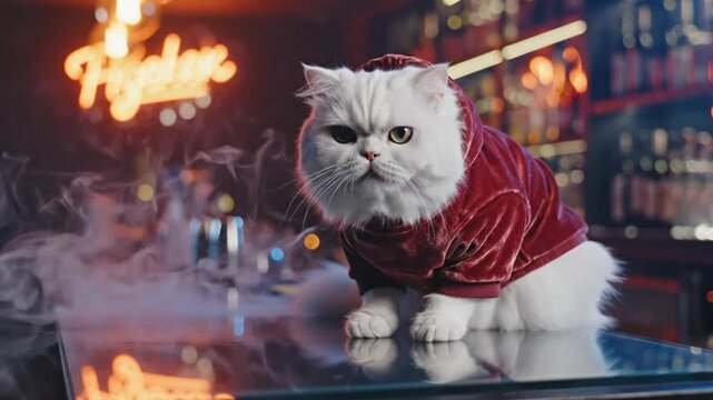Ultra realistic cinematic nightlife video featuring a fluffy Persian cat wearing an oversized hoodie sitting calmly at a trendy modern bar table stylish urban evening atmosphere static camera soft nat