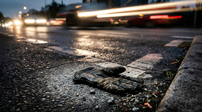 A solitary muddy leather glove lies abandoned on a wet asphalt road with blurred traffic lights in the background
