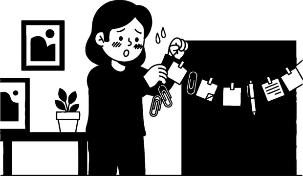 Frustrated woman struggling with tangled headphones indoors.