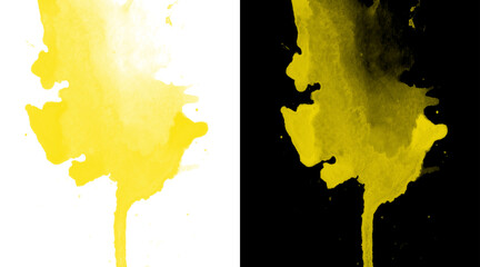 Yellow watercolor splash on white and black background, vibrant ink splatter texture, artistic paint drip element for creative design projects © Anamul