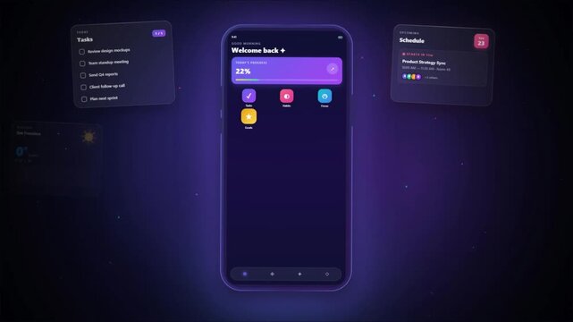 Mobile productivity app interface displaying tasks weather schedule fitness messages and music widgets on dark purple background