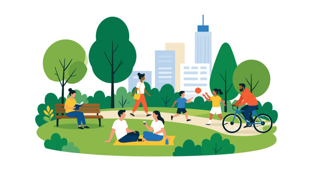People enjoying park recreation outdoors in city.