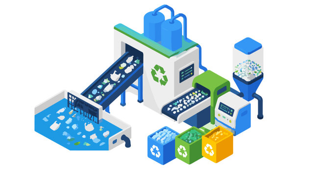 Isometric Recycling Plant with Conveyors and Bins in Illustration.