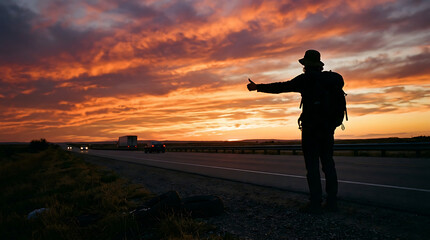 Fototapeta premium Silhouette of a traveler with backpack hitchhiking on the highway at sunset