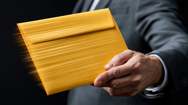 Confidential Delivery: A businessman in a suit holds a bright yellow envelope, its contents blurred with motion lines, suggesting urgency and secrecy.