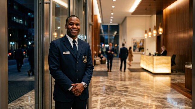 Professional Security Guard Standing in Modern Building Lobby.