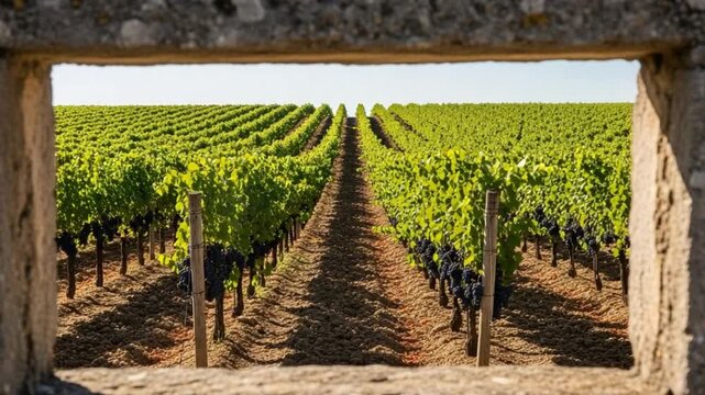 Vineyard landscape viewed through rustic stone window frame in summer with rows of grape vines and ripe fruit