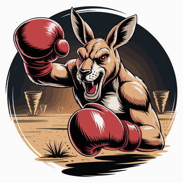 Muscular kangaroo wearing boxing gloves fighting.