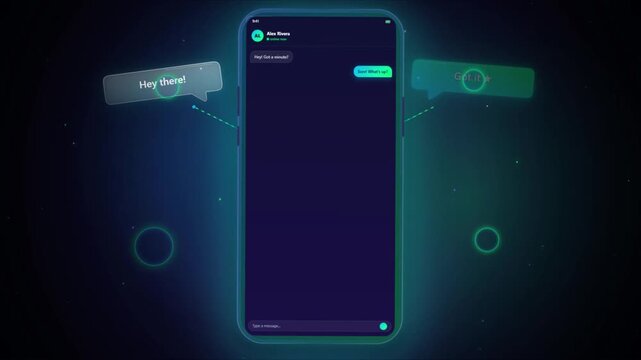 Instant messaging app interface with chat bubbles floating around smartphone on dark green background