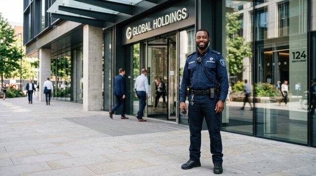 Security Guard Standing Proudly Outside Modern Office Building Entrance.