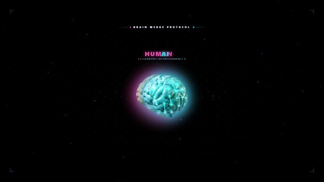 Brain merge protocol showing human and AI brains uniting to form super intelligence on dark background