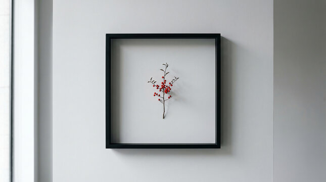 Minimalist black frame with a small red berry sprig on a clean white wall perfect for modern winter holiday art or minimalist interior decor