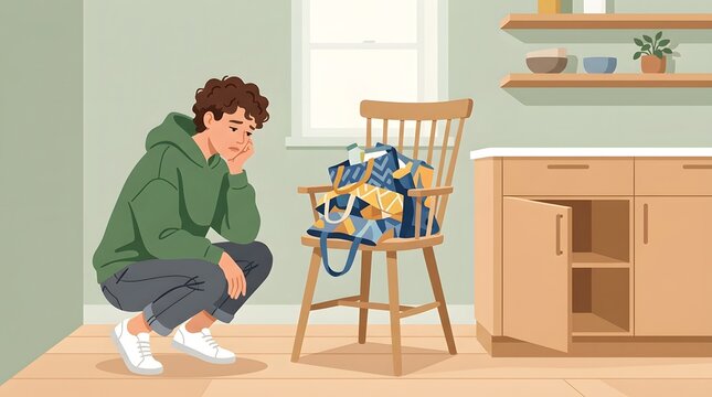 A Young Adult's Overwhelmed Moment: A young person in a green hoodie looks dejected while squatting next to a chair overflowing with clothes.
