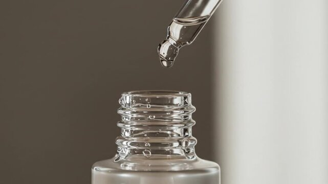 Clear liquid dripping from a dropper into a ribbed glass bottle against a neutral background