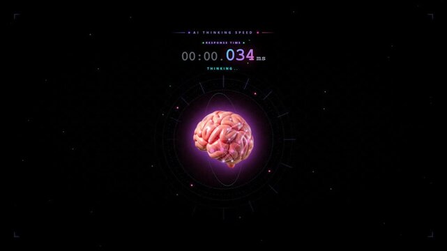 Futuristic AI brain response time visualization with statistics showing thinking speed and accuracy on dark background
