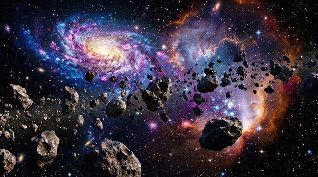 Vast Cosmic Nebula with Asteroid Field and Distant Galaxy.