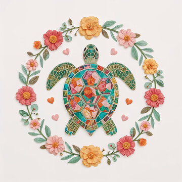 Green turtle inside colorful flowers and leaves wreath wallpaper decoration for exotic tropical interiors