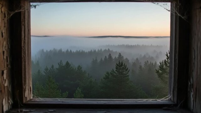 Misty pine forest view through an old weathered wooden window frame at sunrise in a rustic cabin