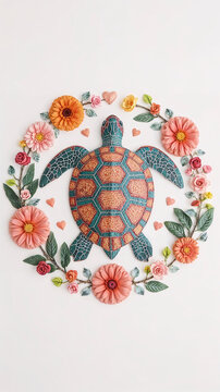 Tropical sea turtle surrounded by vibrant flowers and leaves wreath wallpaper decoration artistic background