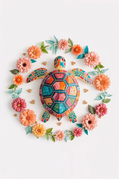 Bright tropical turtle surrounded with lush flowers and leaves wreath wallpaper decoration exotic decorative illustration