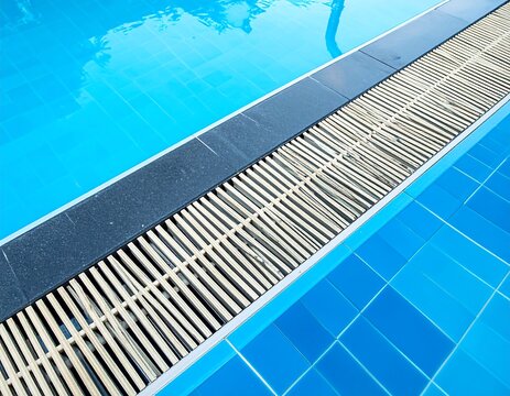 Clean Blue Swimming Pool Edge with Drain Grate Along Tiled Deck