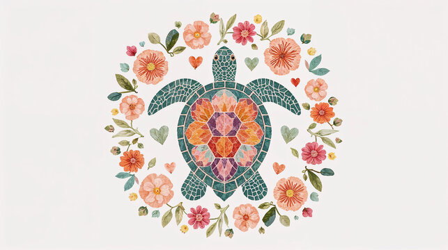 Colorful turtle among vibrant flowers and leaves wreath wallpaper decoration for botanical inspired creative backgrounds