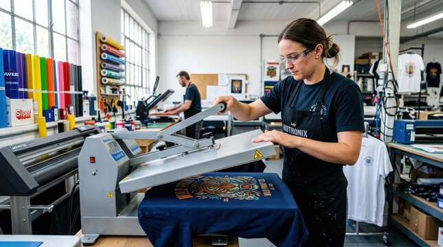 Woman operating heat press machine for custom t-shirt printing in workshop.