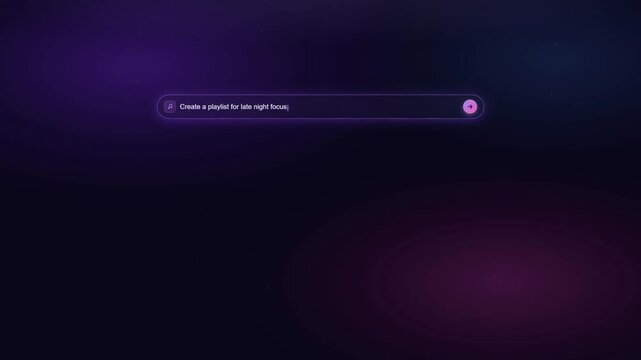 AI music curator interface displaying late night focus playlist with track list and waveform on dark purple background