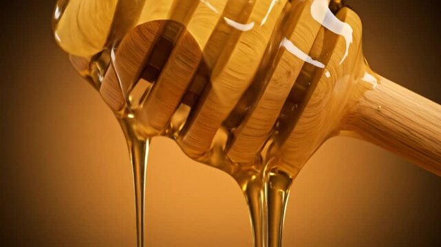 Honey drips from a wooden dipper against a brown backdrop