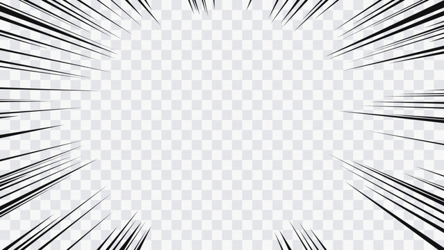 Dynamic manga speed lines frame with sharp radial motion streaks pointing toward the center. Comic style action background isolated on transparent backdrop.