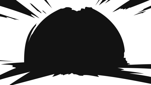 Abstract manga explosion silhouette with powerful black impact burst and dramatic energy waves. Dynamic anime style overlay isolated on transparent background.