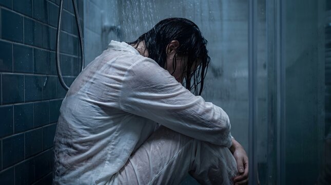 Lonely heartbroken woman sitting in wet clothes under shower head feeling sad anxious and detached from the world