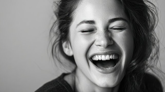 Joyful woman expressing happiness with a big smile and laughter in black and white image