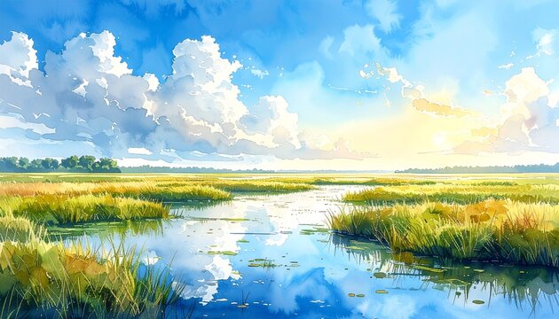 朝の湿原と水反射の水彩風景3