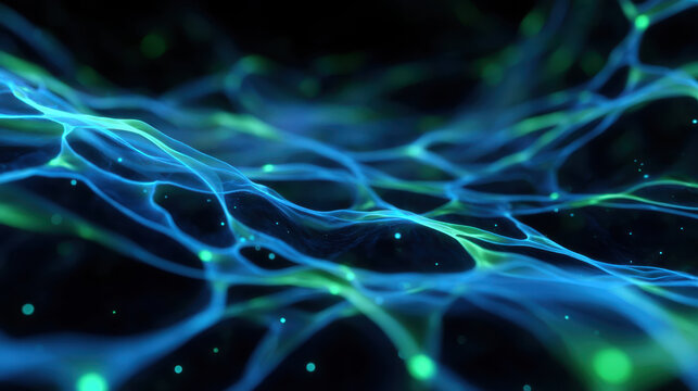 Blue glowing neural network with flowing lines and dark background, abstract digital connection energy